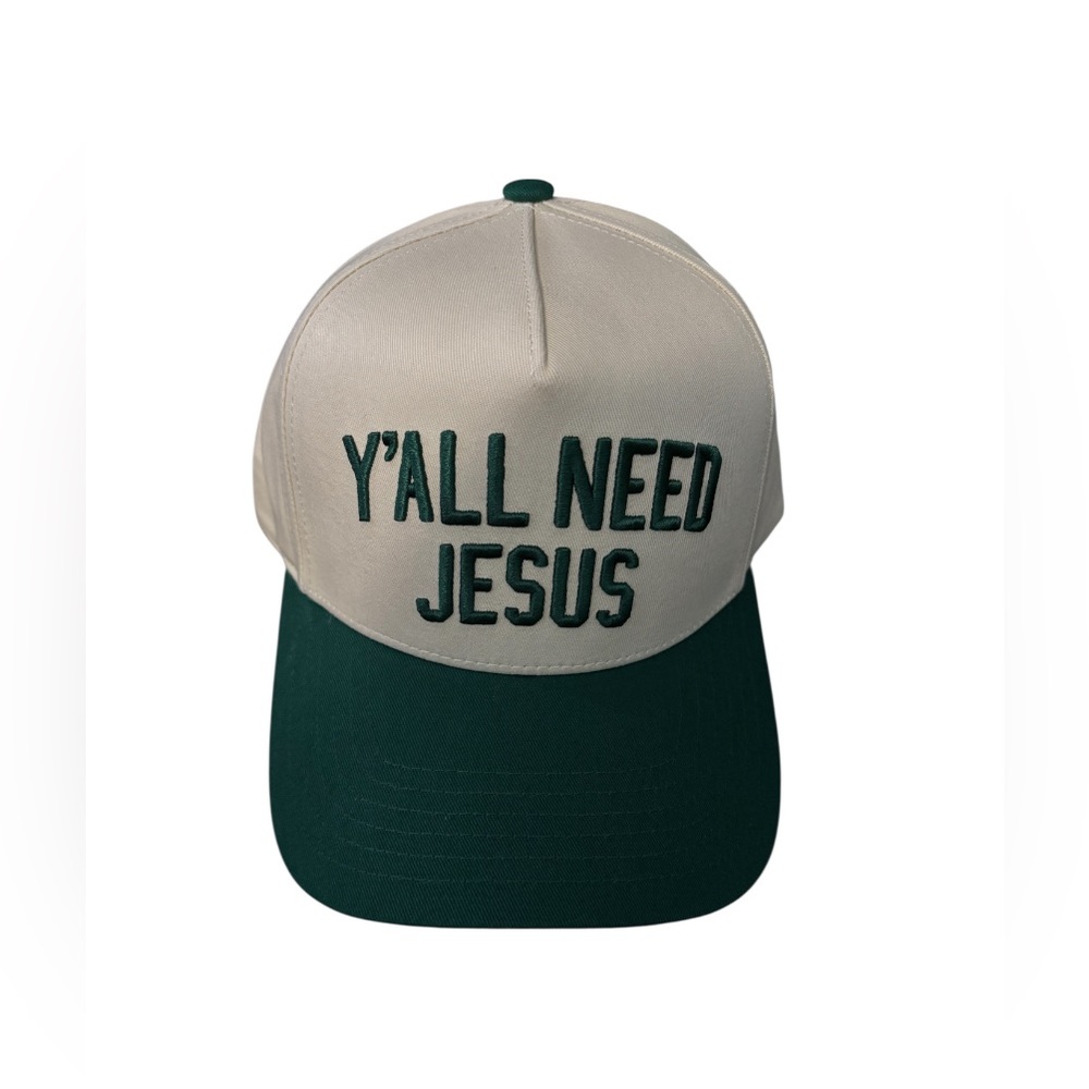 Y’ALL NEED JESUS Green and Cream Cap with Embroidered Text